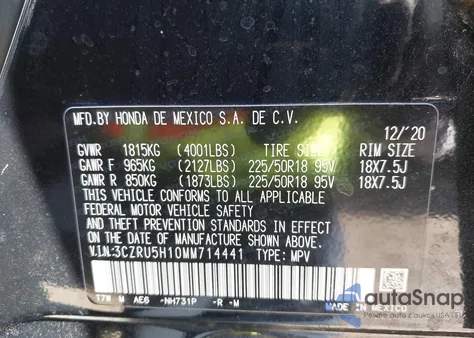 2021 Honda Hr-V 2Wd Sport z USA, uszkodzony, nr VIN 3CZRU5H10MM714441